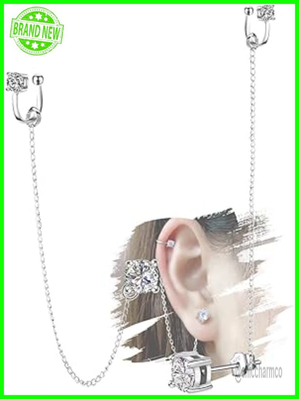 Sterling Silver CZ Ear Cuff Chain Dangle Earrings 2 in 1 Hypoallergenic